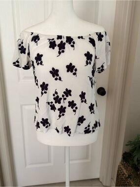 White Floral Off Shoulder Blouse Stretch Summer Top Size M